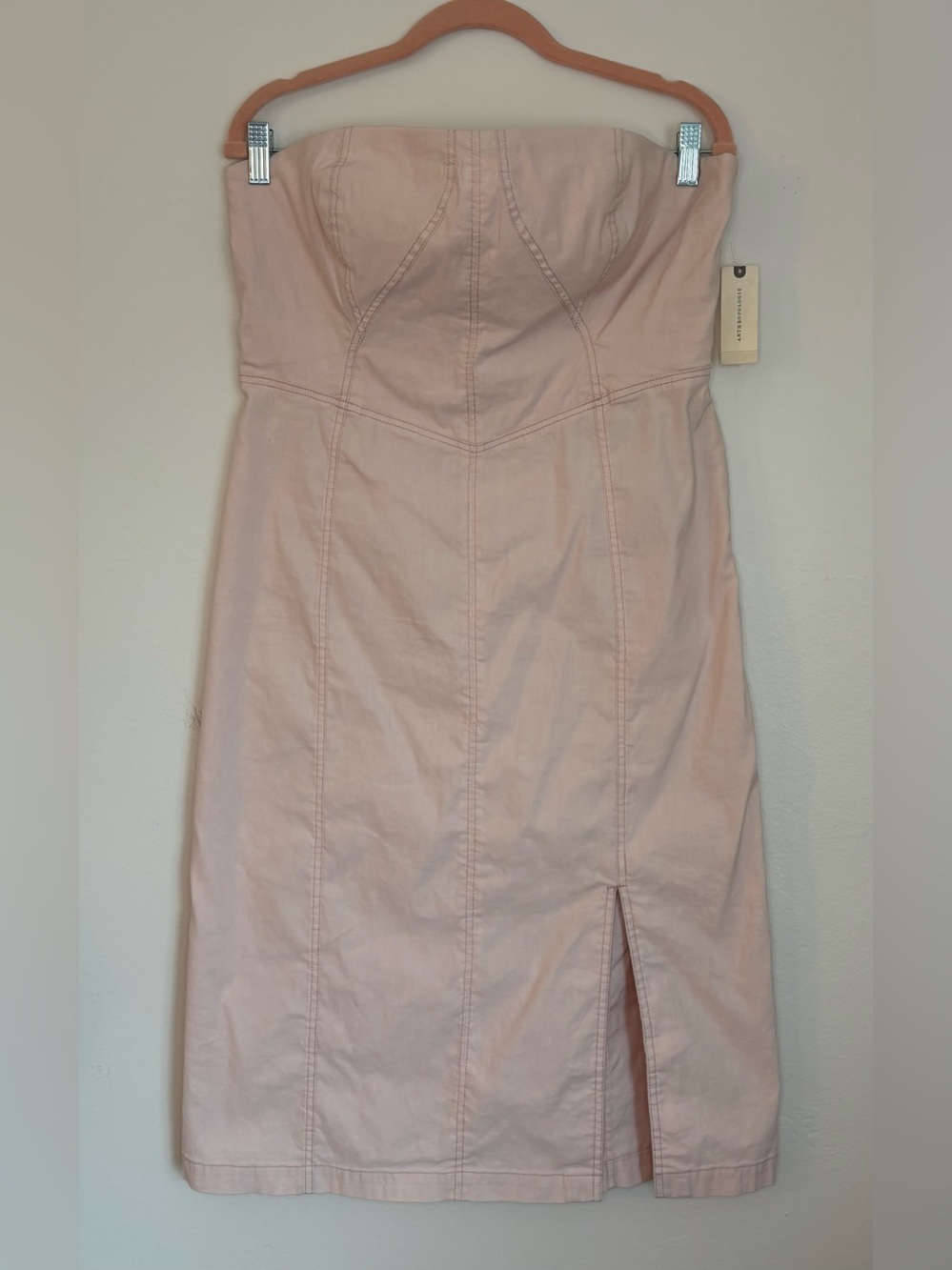 Anthropologie Blush Pink Strapless Bustier Midi Knee Length Dress w/ Side Slit L